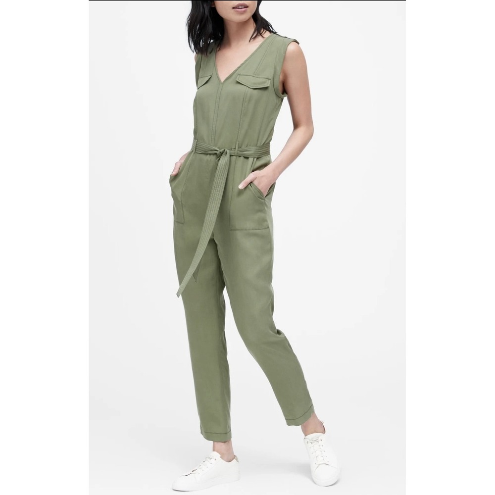 Banana Republic Olive Green Jumpsuit‎ Sleeveless Belted Utility Pockets Size 4
